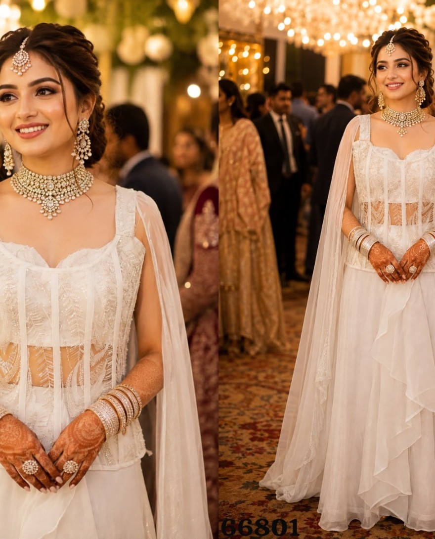 WHITE - Off White Embroidered Work Fandy Readymade Lehenga Choli